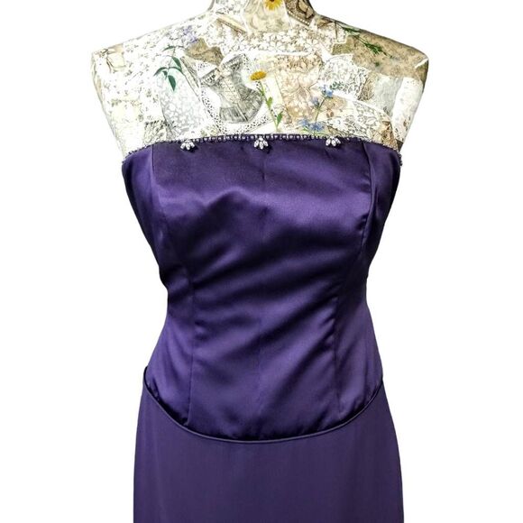 Formal Rhinestone Embellished Bodice  Strapless Purple Satin Long Gown Dress - Picture 4 of 11